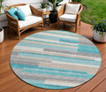 8 Teal Blue Gray And Beige Round Striped Washable Indoor Outdoor Area Rug