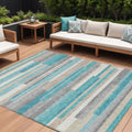9 X 12 Teal Blue Gray And Beige Striped Washable Indoor Outdoor Area Rug