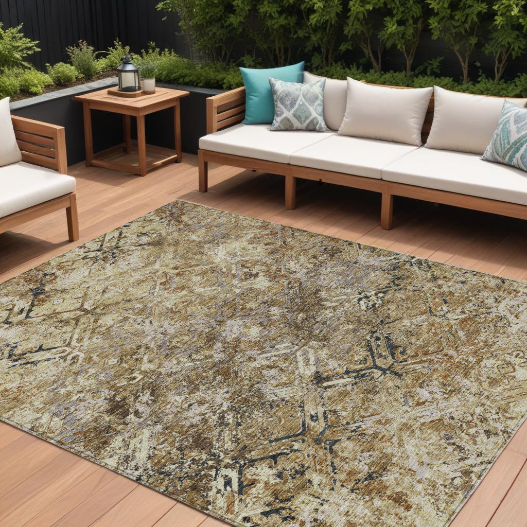 10 X 14 Beige Brown And Copper Geometric Washable Indoor Outdoor Area Rug