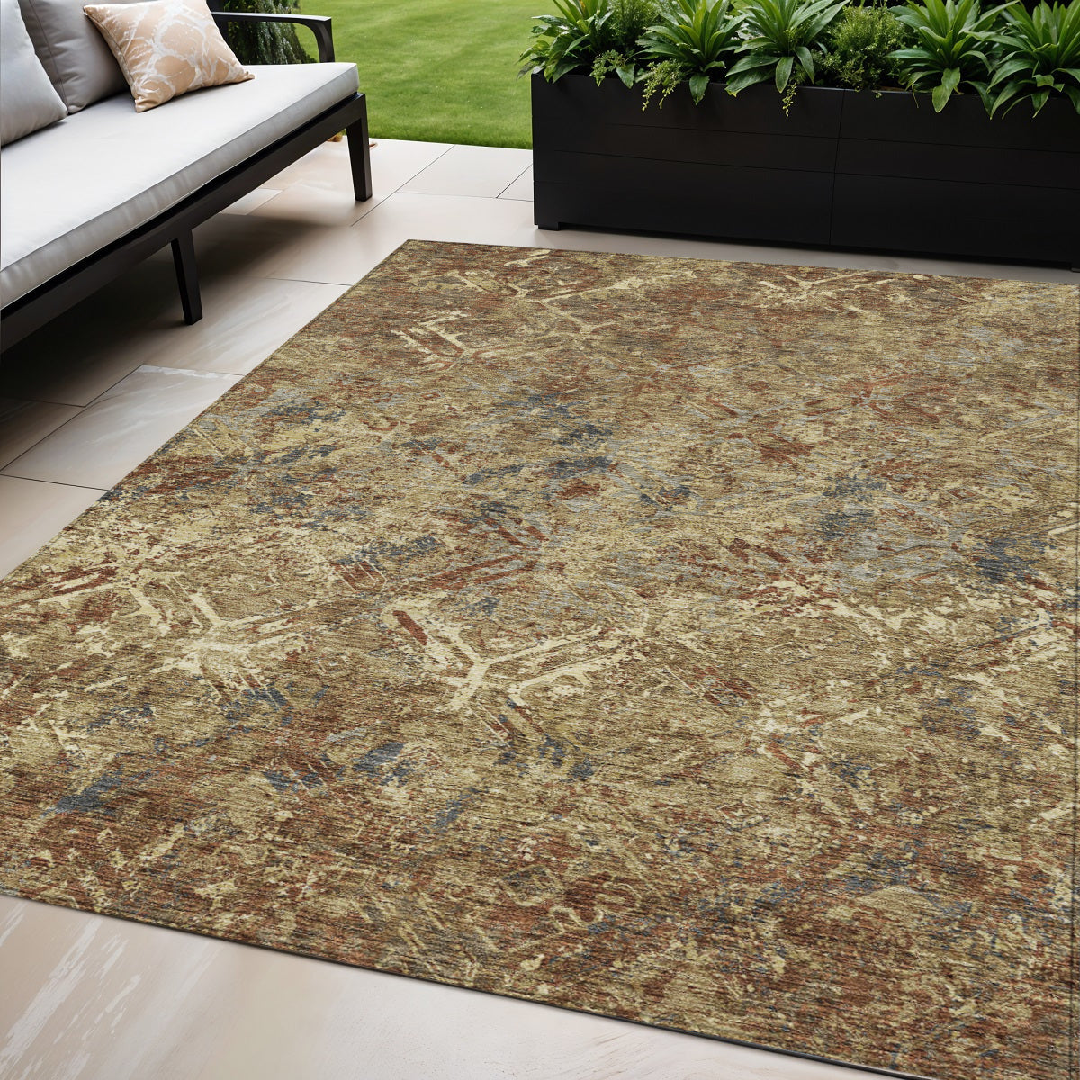 5 X 8 Brown Copper And Gold Geometric Washable Indoor Outdoor Area Rug