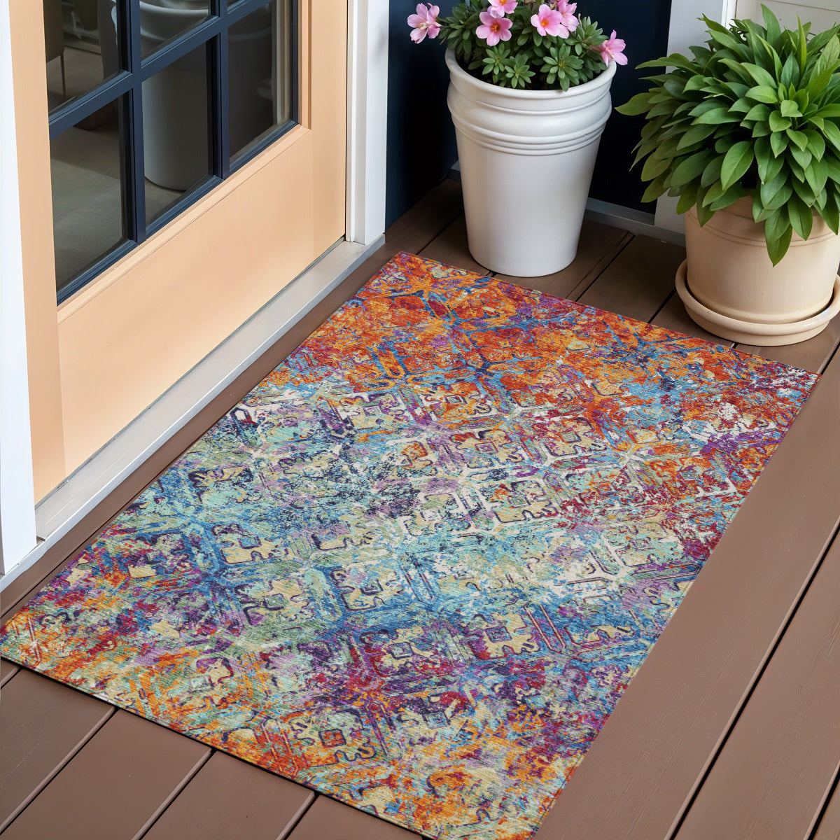 3 X 5 Copper Blue And Red Geometric Washable Indoor Outdoor Area Rug