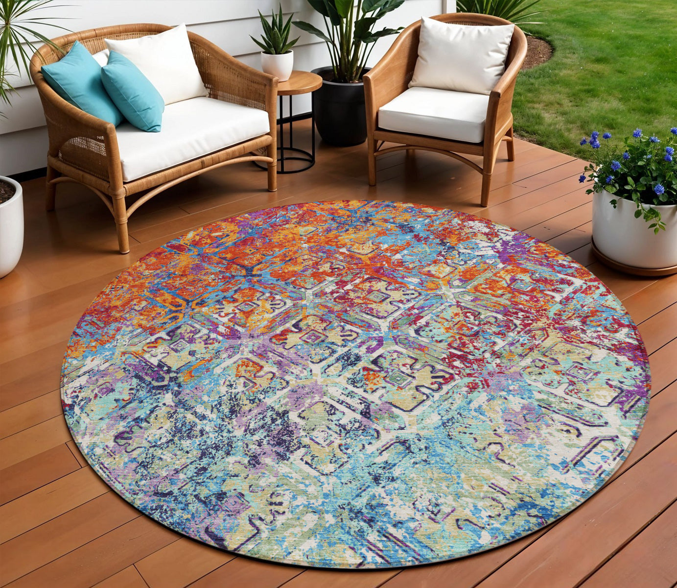 8 Copper Blue And Red Round Geometric Washable Indoor Outdoor Area Rug