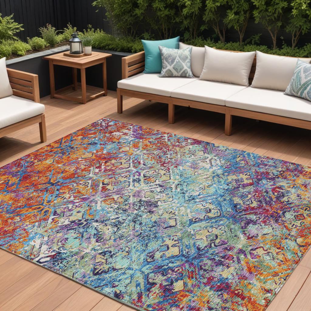 9 X 12 Copper Blue And Red Geometric Washable Indoor Outdoor Area Rug