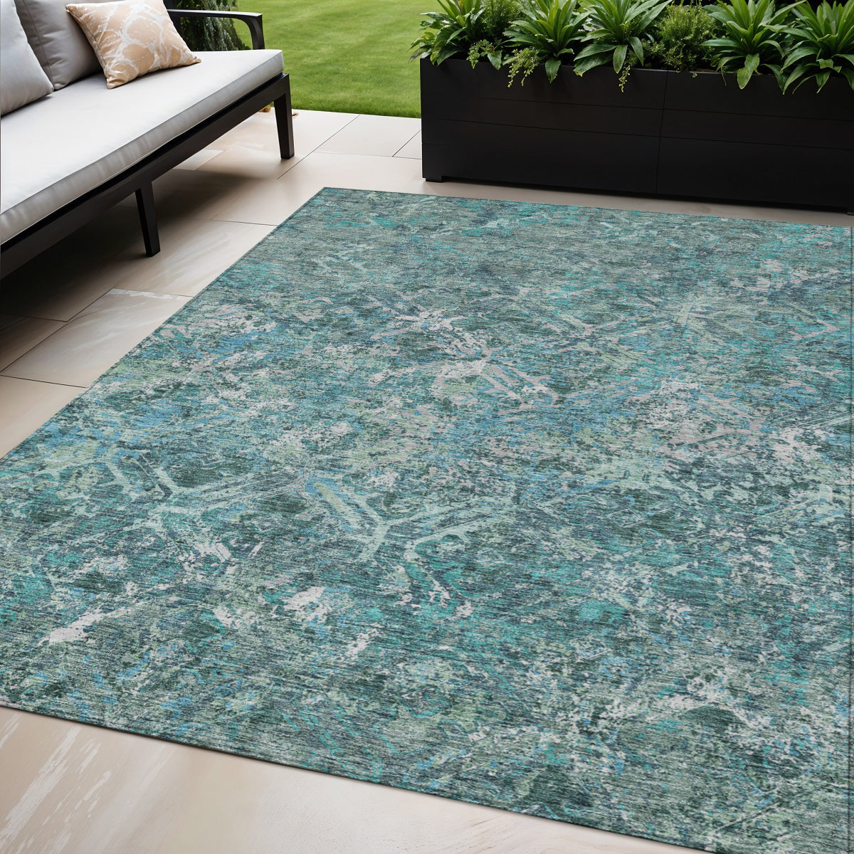 5 X 8 Sage Teal Blue And Gray Geometric Washable Indoor Outdoor Area Rug