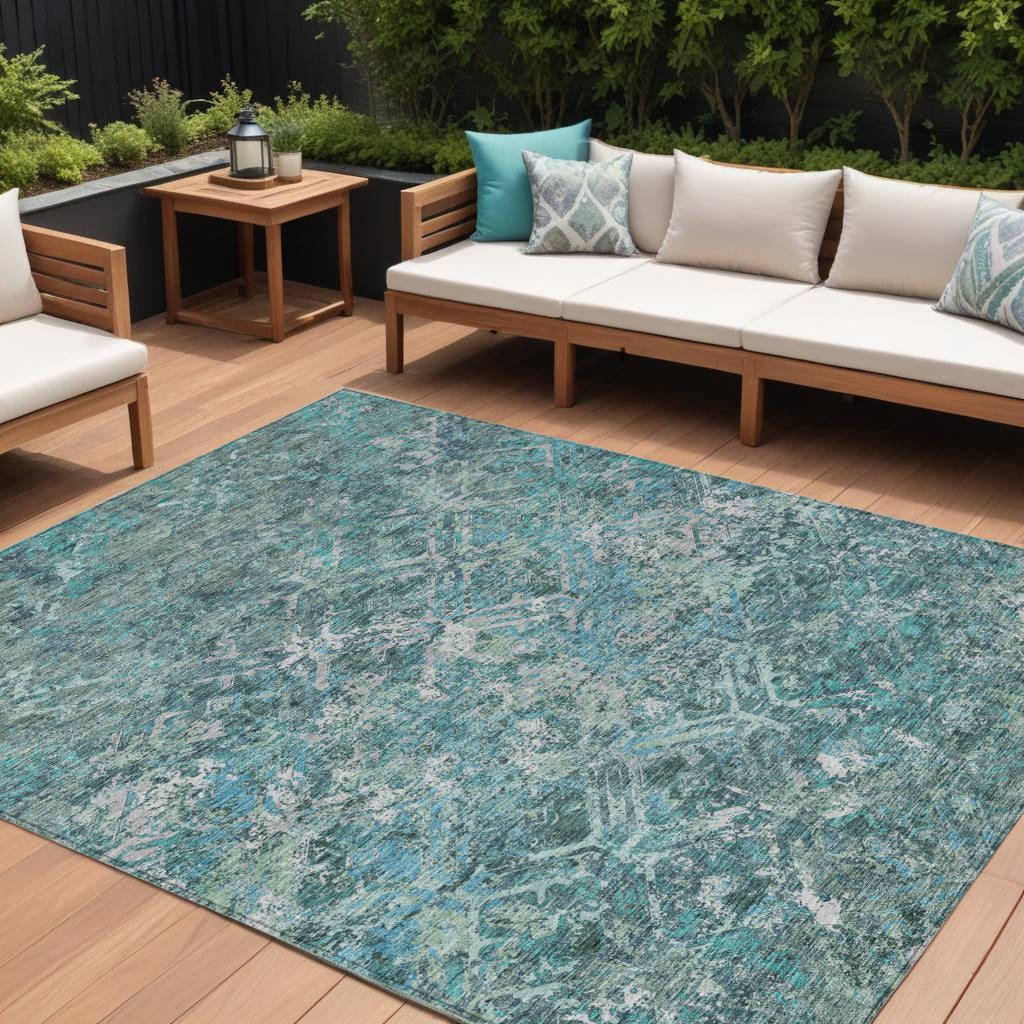 9 X 12 Sage Teal Blue And Gray Geometric Washable Indoor Outdoor Area Rug