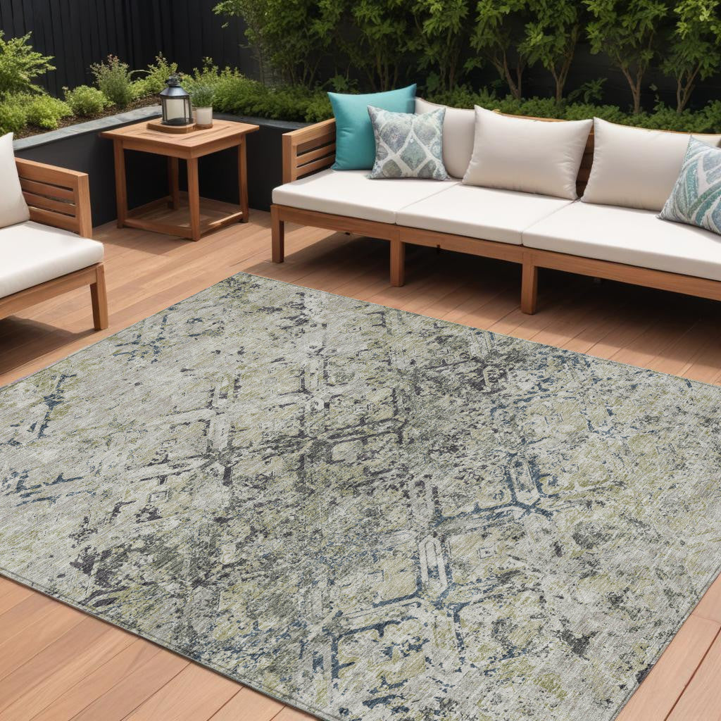 9 X 12 Silver Gray And Charcoal Geometric Washable Indoor Outdoor Area Rug