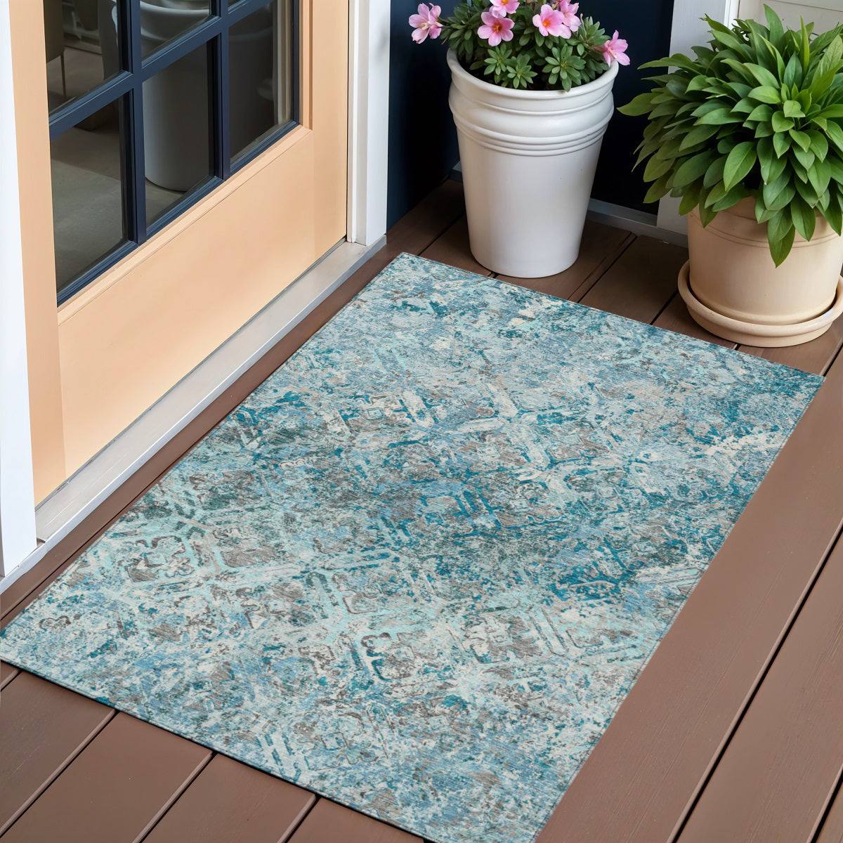 3 X 5 Teal Blue Gray And Charcoal Geometric Washable Indoor Outdoor Area Rug