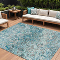 10 X 14 Teal Blue Gray And Charcoal Geometric Washable Indoor Outdoor Area Rug