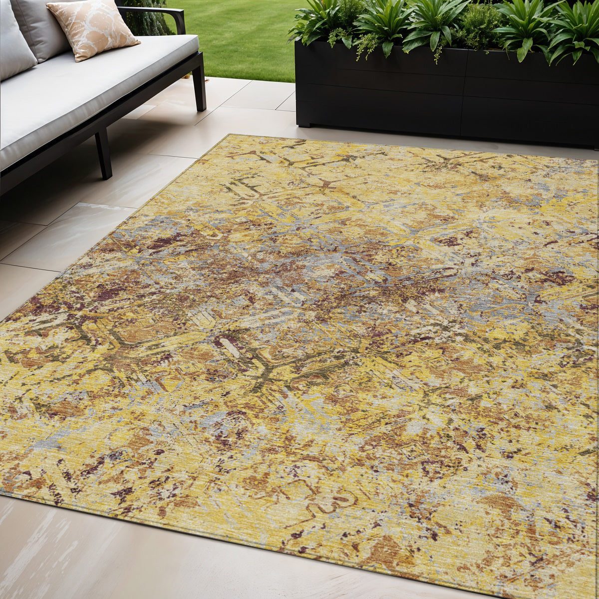 5 X 8 Wheat Gold And Gray Geometric Washable Indoor Outdoor Area Rug