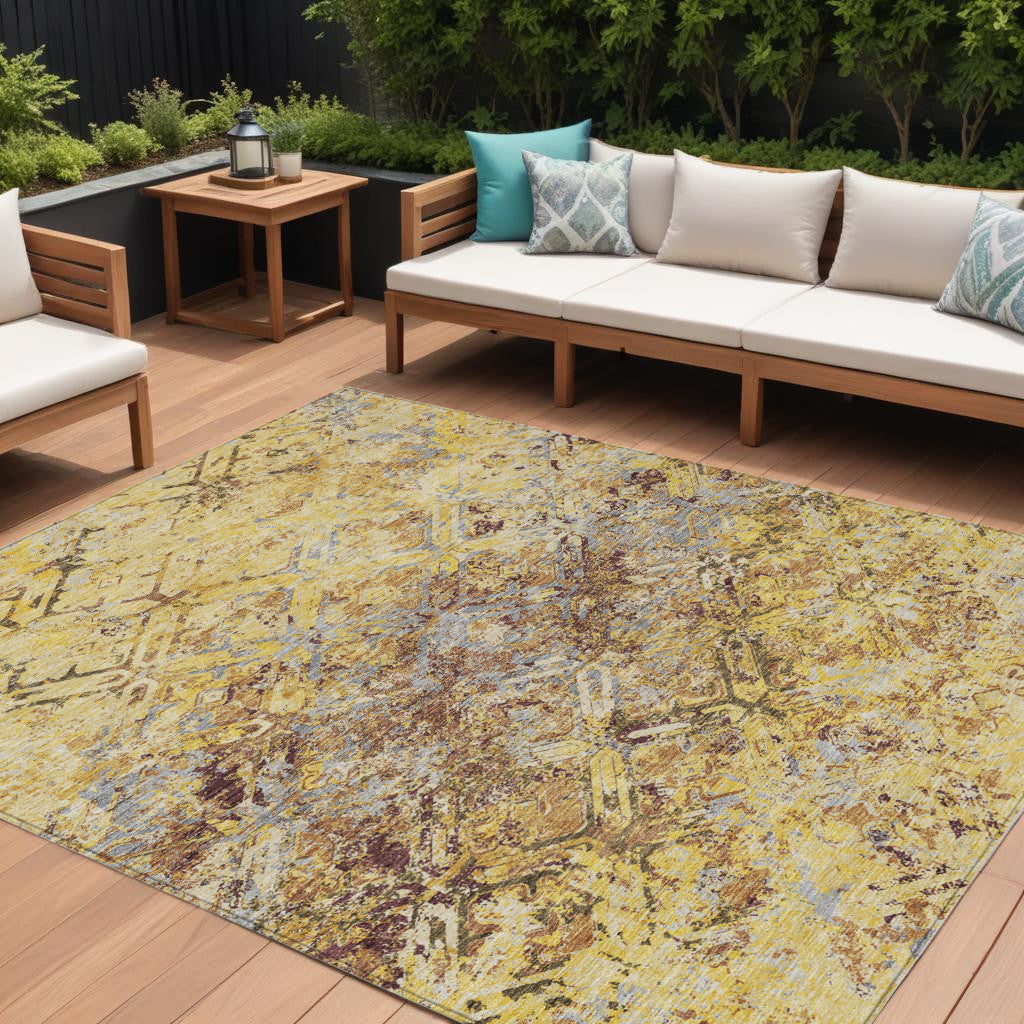 9 X 12 Wheat Gold And Gray Geometric Washable Indoor Outdoor Area Rug