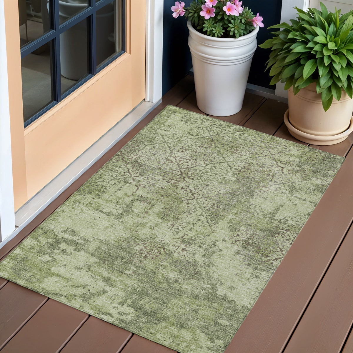 3 X 5 Artichoke Green And Fern Green Floral Washable Indoor Outdoor Area Rug