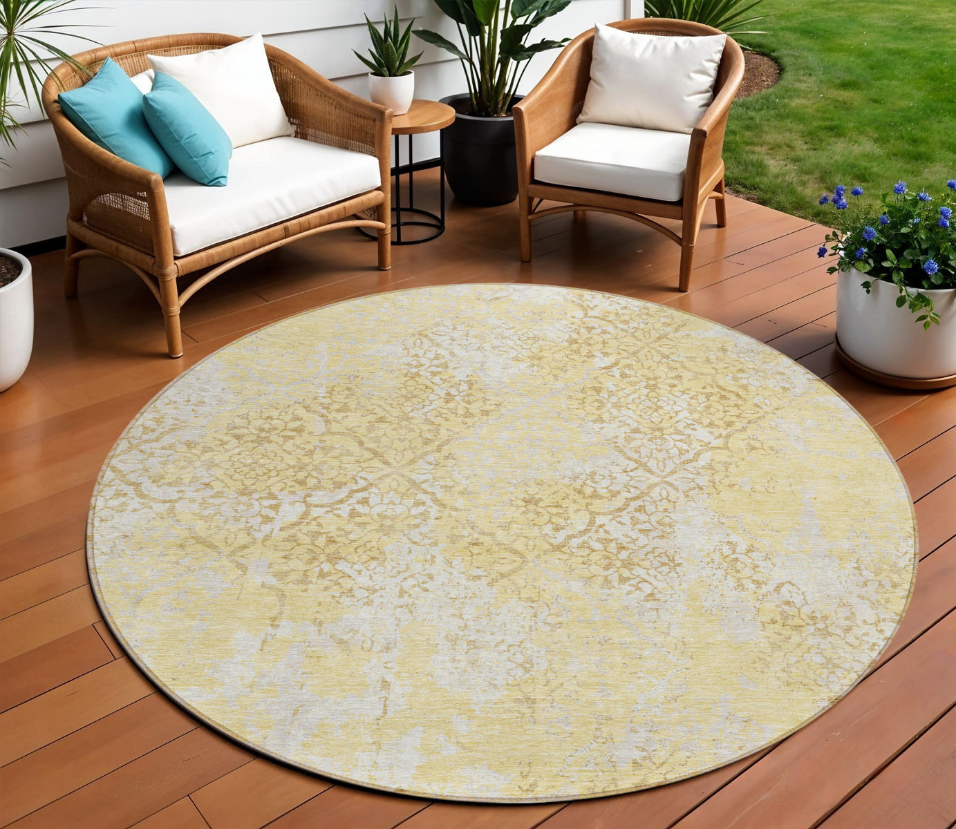 8 Gold Wheat And Beige Round Floral Washable Indoor Outdoor Area Rug