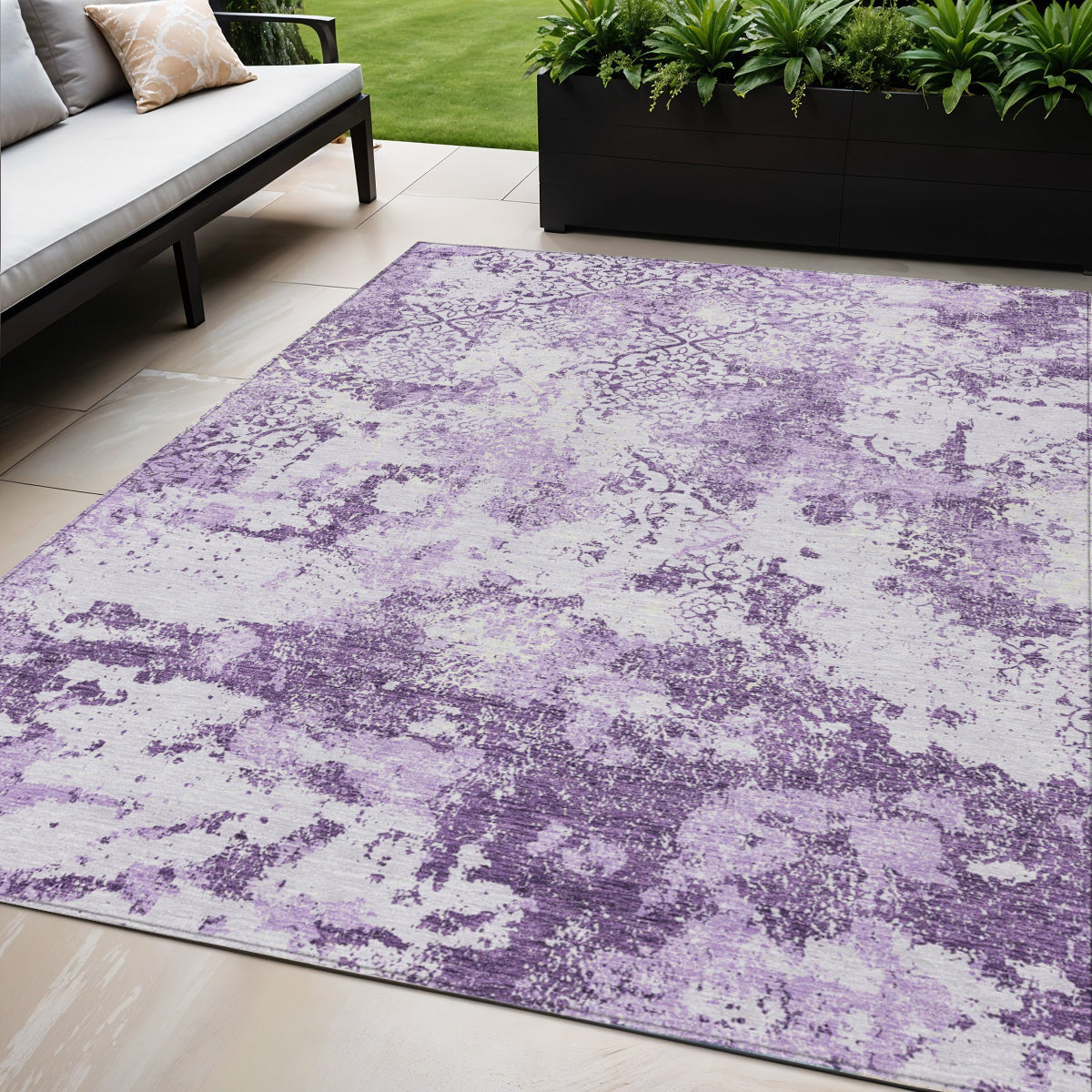 5 X 8 Lavender Purple And Lilac Floral Washable Indoor Outdoor Area Rug