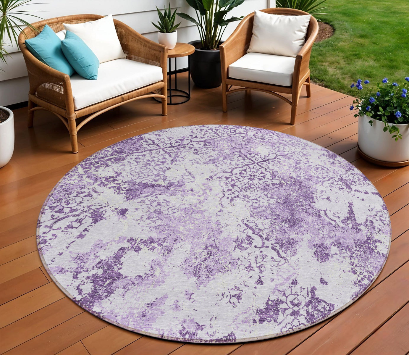 8 Lavender Purple And Lilac Round Floral Washable Indoor Outdoor Area Rug