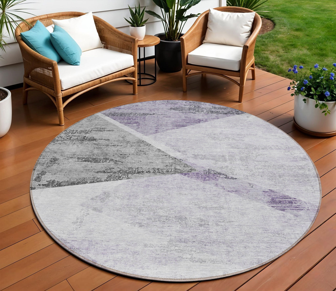 8 Purple Gray And Charcoal Round Abstract Washable Indoor Outdoor Area Rug