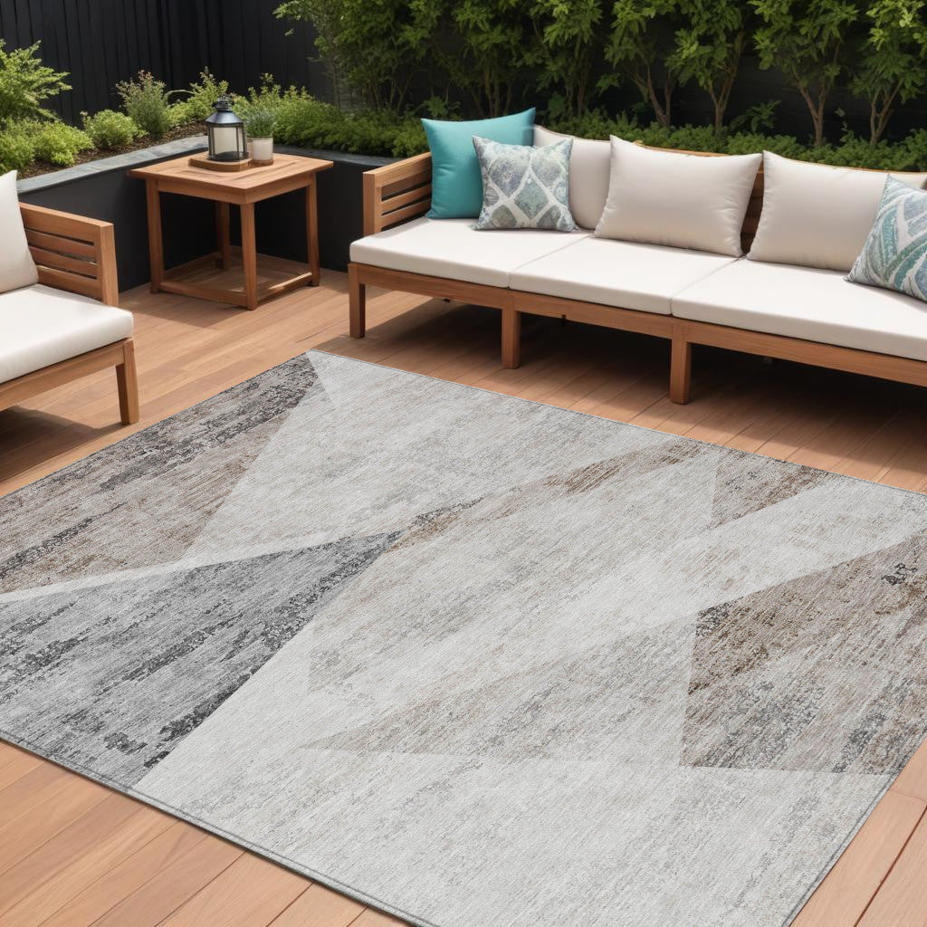 9 X 12 Silver Beige And Gray Abstract Washable Indoor Outdoor Area Rug
