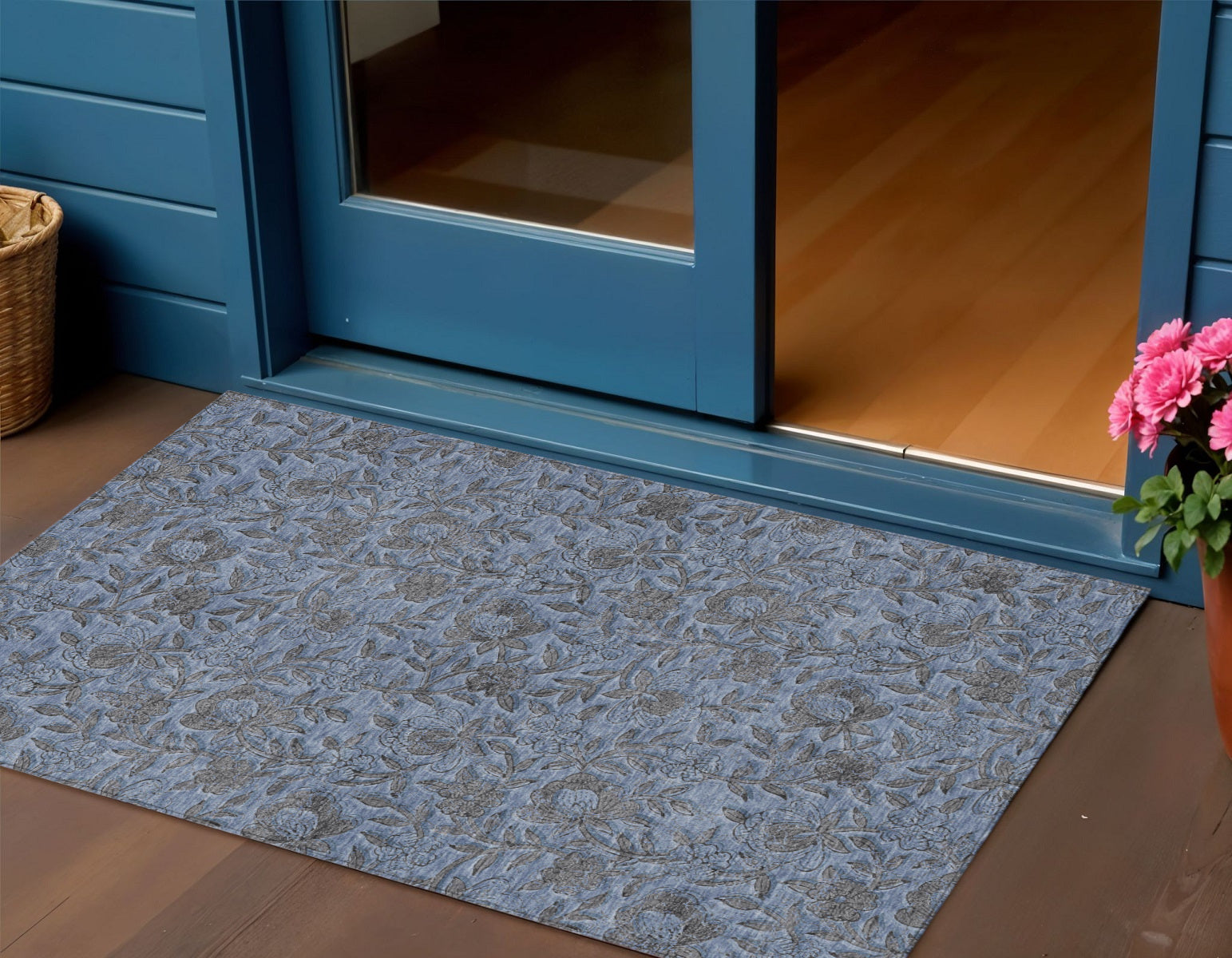 3 X 5 Blue Gray And Charcoal Floral Washable Indoor Outdoor Area Rug
