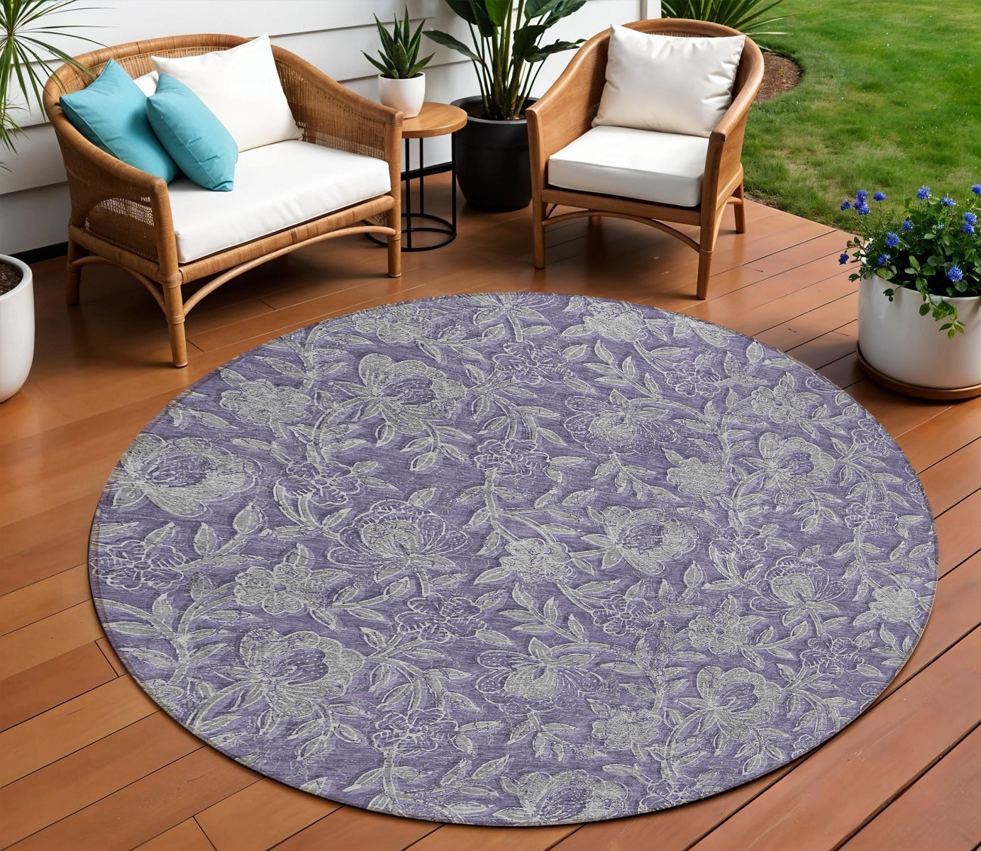8 Eggplant Purple And Gray Round Floral Washable Indoor Outdoor Area Rug