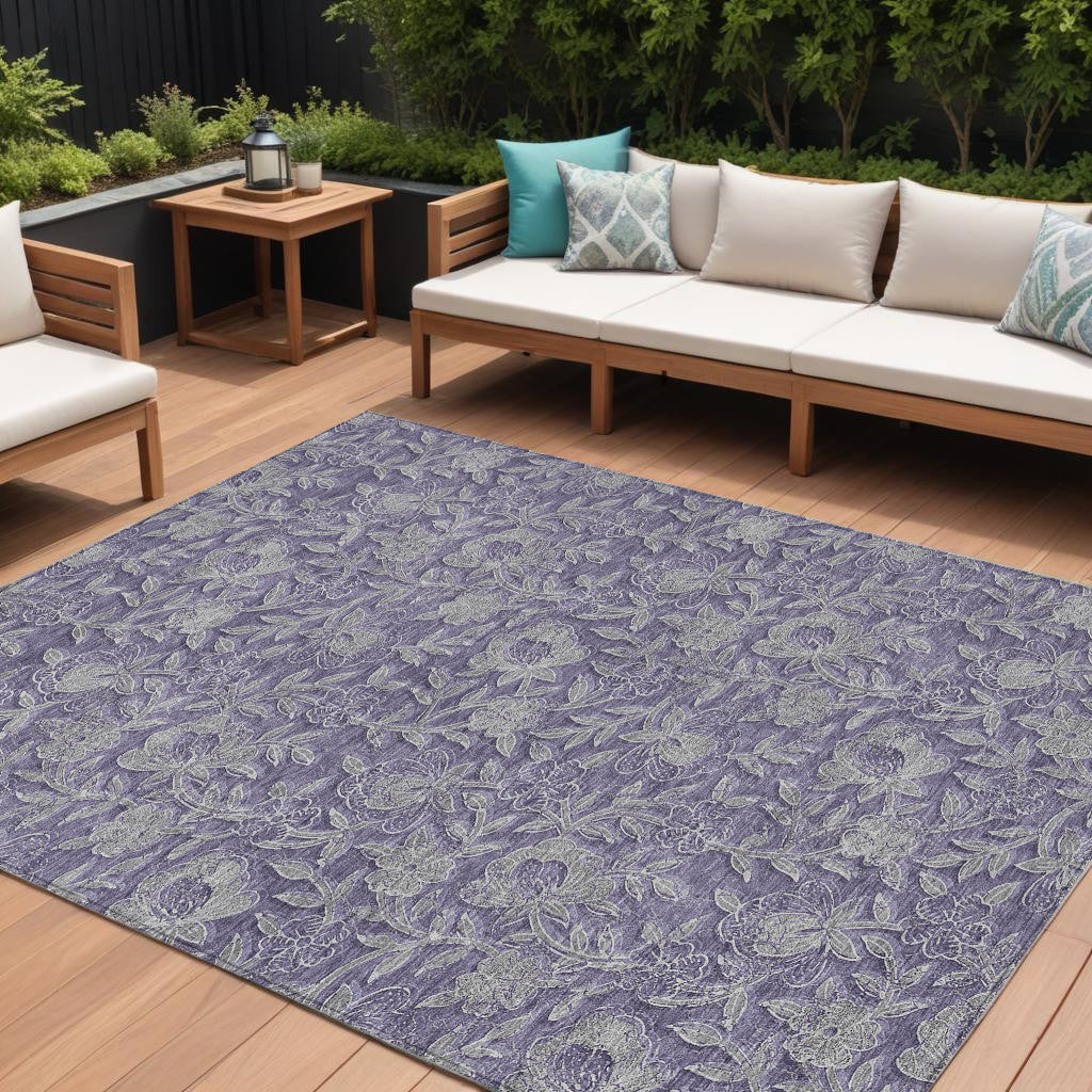 10 X 14 Eggplant Purple And Gray Floral Washable Indoor Outdoor Area Rug