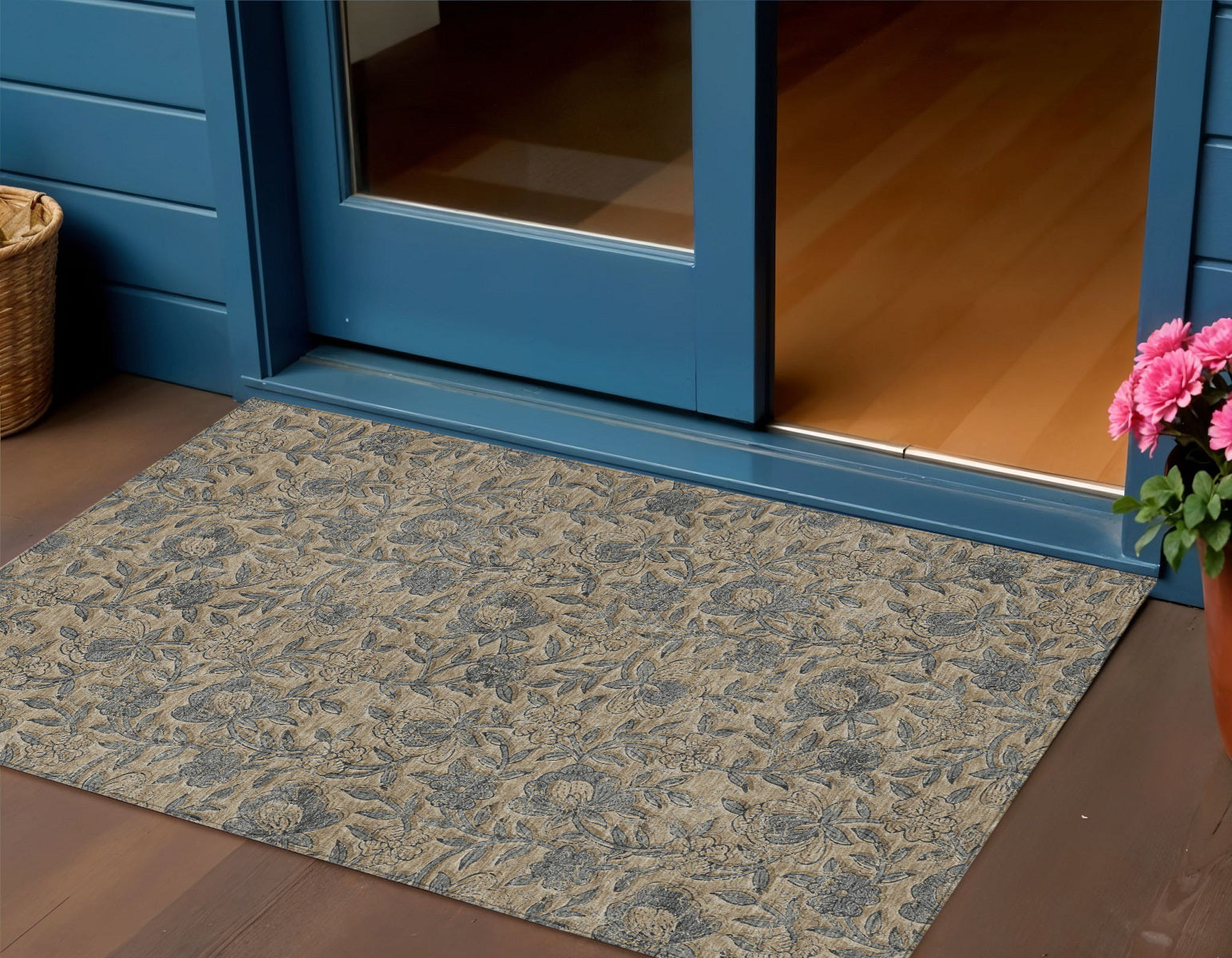 3 X 5 Khaki Beige And Gray Floral Washable Indoor Outdoor Area Rug