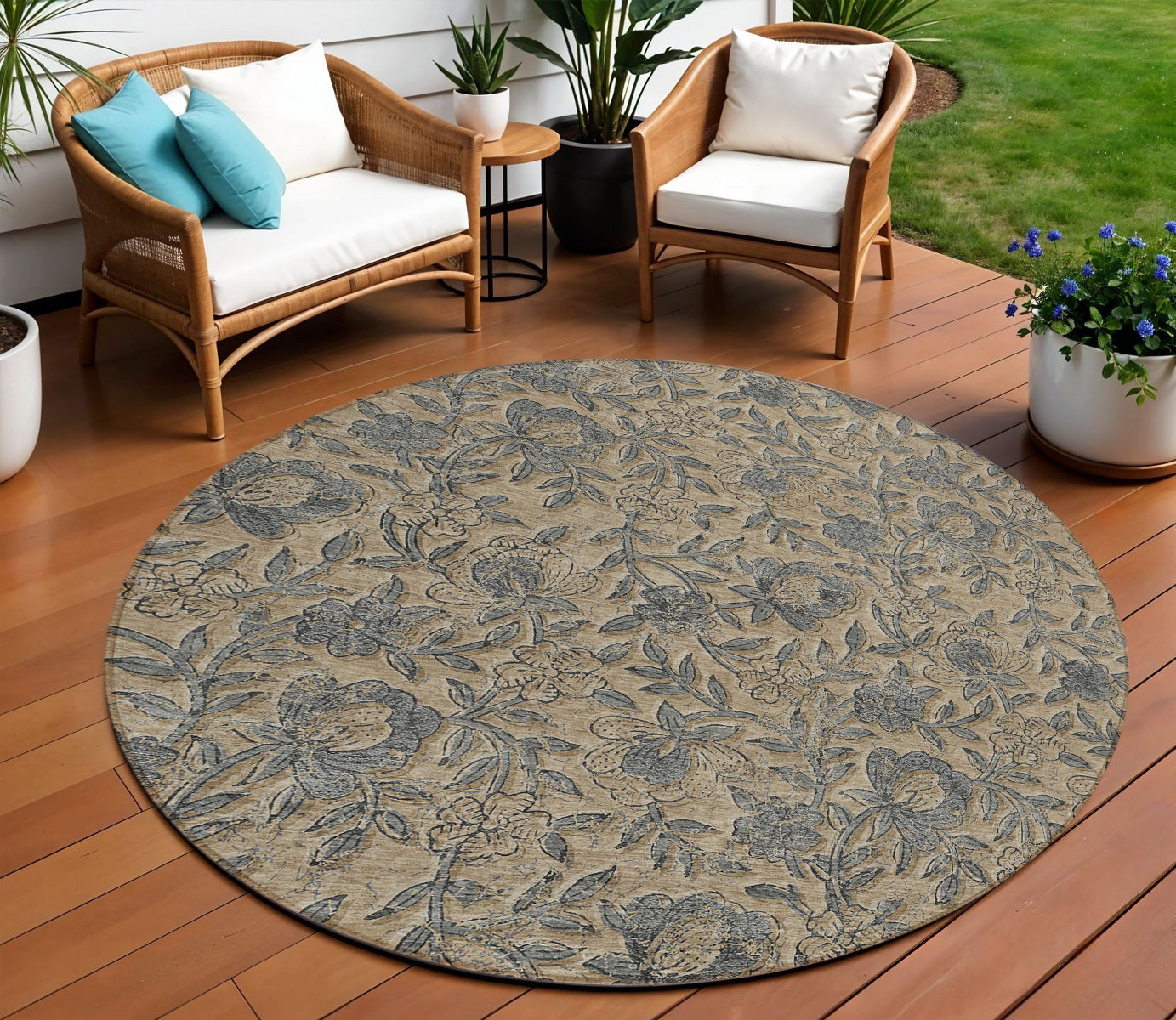 8 Khaki Beige And Gray Round Floral Washable Indoor Outdoor Area Rug