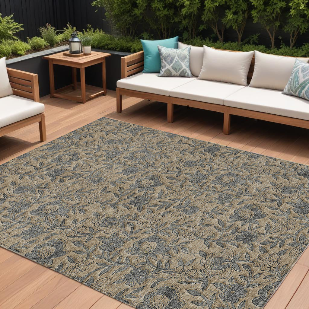 9 X 12 Khaki Beige And Gray Floral Washable Indoor Outdoor Area Rug