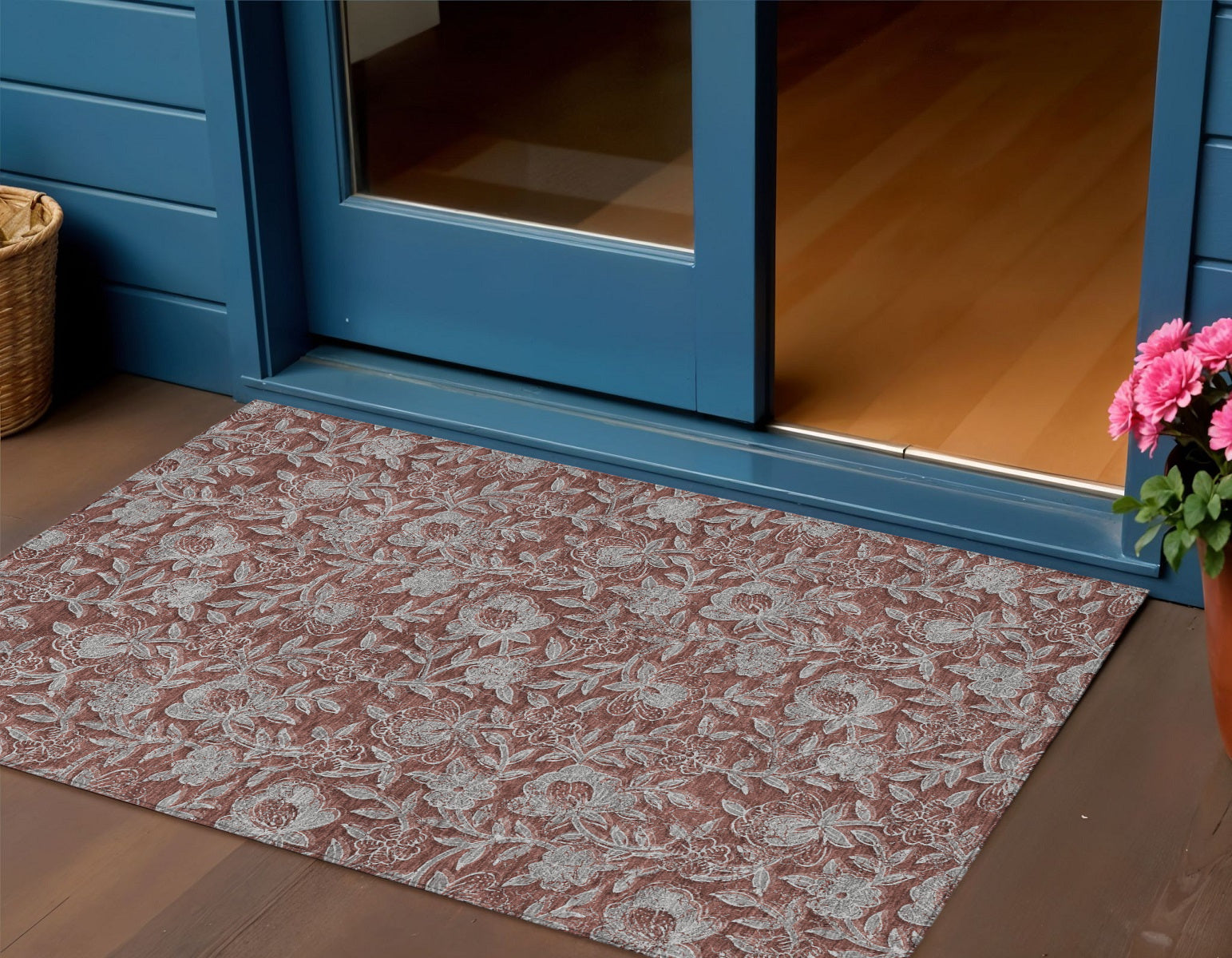 3 X 5 Orange Gray And Silver Floral Washable Indoor Outdoor Area Rug