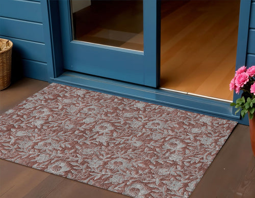 3 X 5 Orange Gray And Silver Floral Washable Indoor Outdoor Area Rug