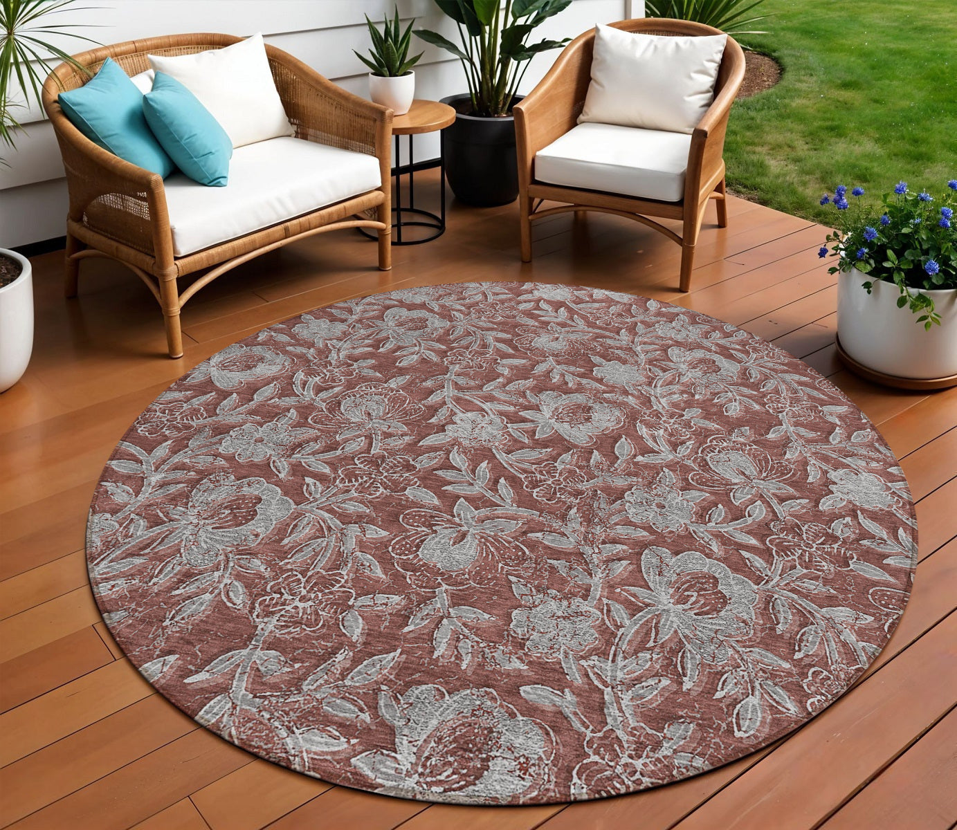 8 Orange Gray And Silver Round Floral Washable Indoor Outdoor Area Rug