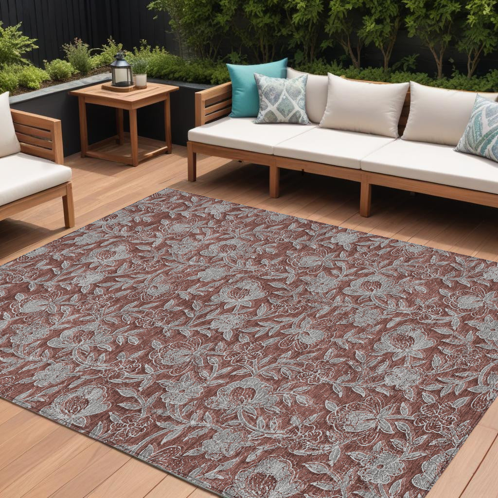 10 X 14 Orange Gray And Silver Floral Washable Indoor Outdoor Area Rug