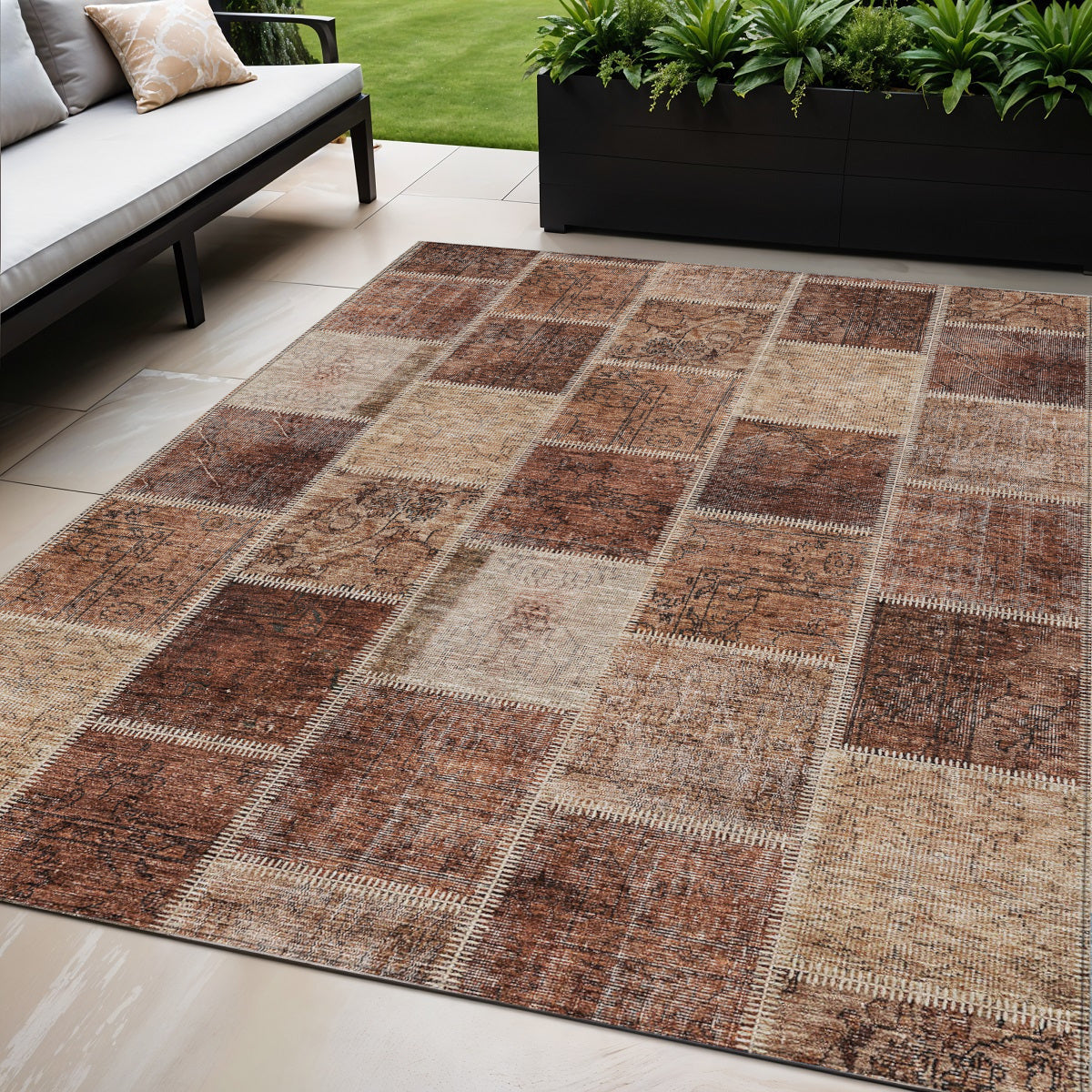 5 X 8 Orange Copper And Beige Patchwork Washable Indoor Outdoor Area Rug