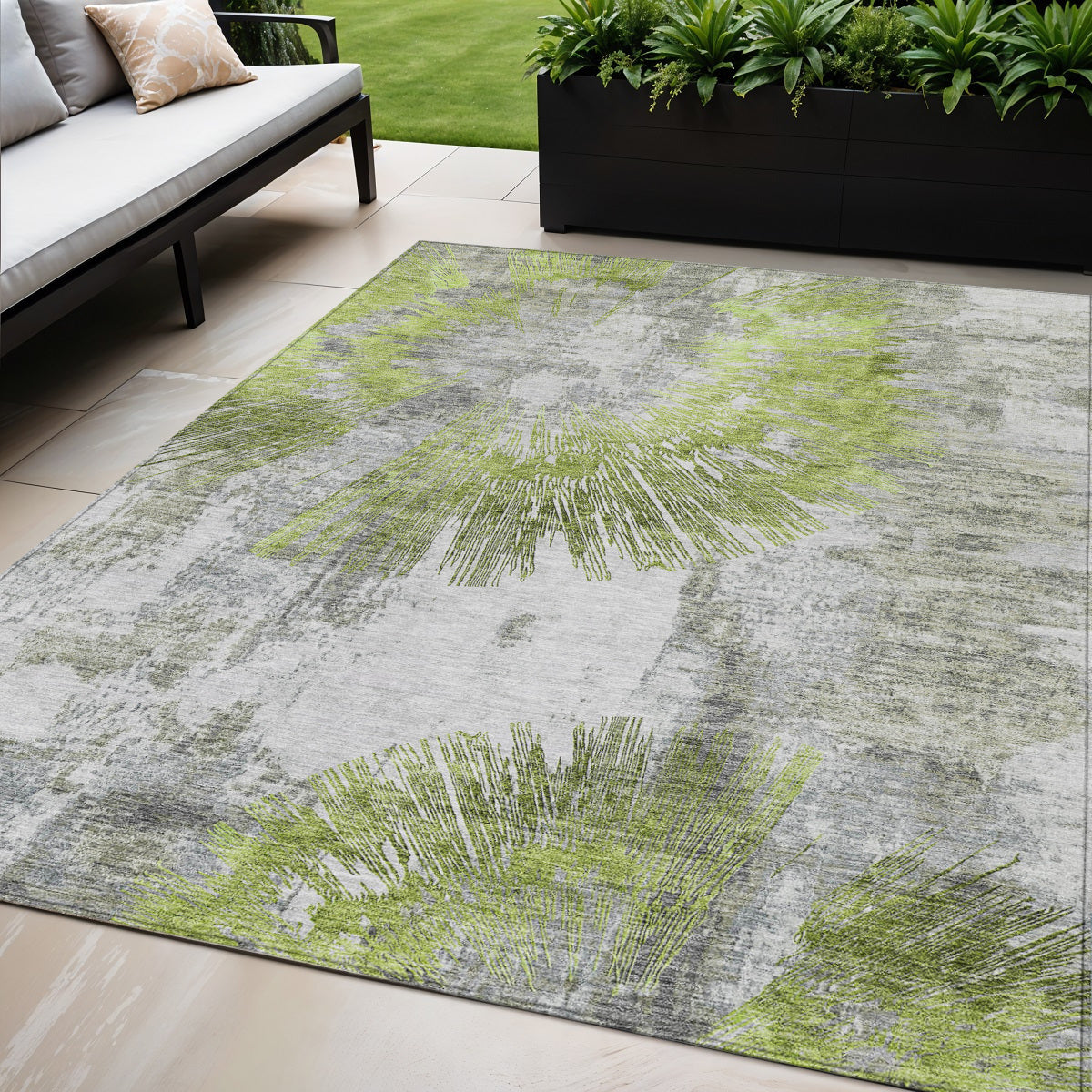 5 X 8 Artichoke Green Gray And Charcoal Abstract Washable Indoor Outdoor Area Rug