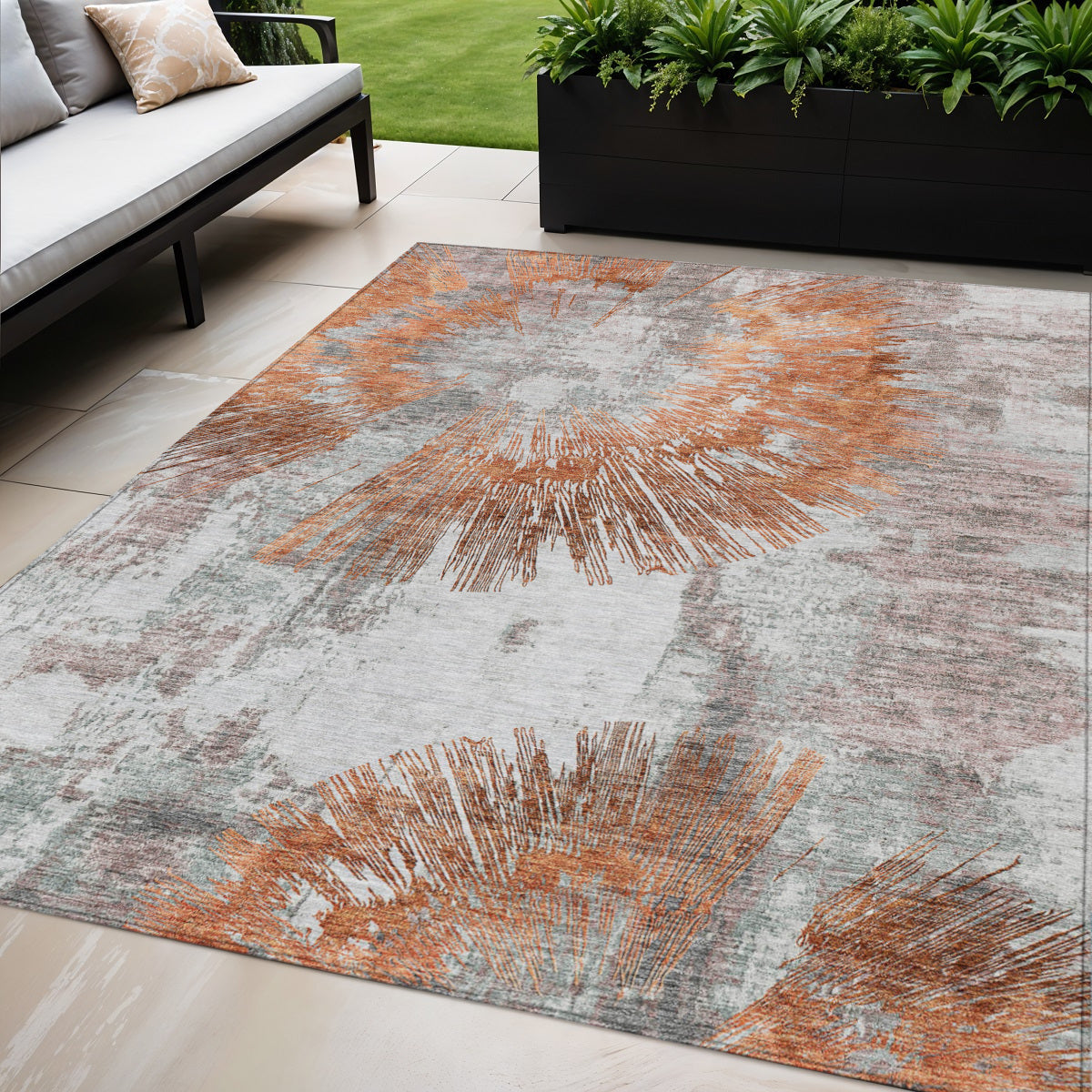5 X 8 Terra Cotta Copper And Taupe Abstract Washable Indoor Outdoor Area Rug
