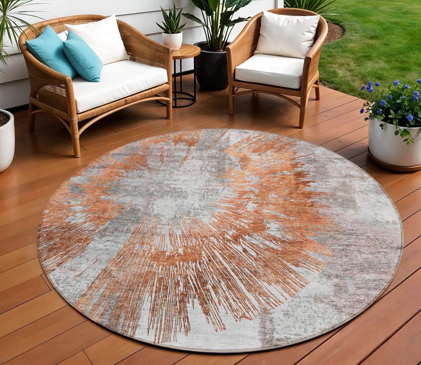 8 Terra Cotta Copper And Taupe Round Abstract Washable Indoor Outdoor Area Rug