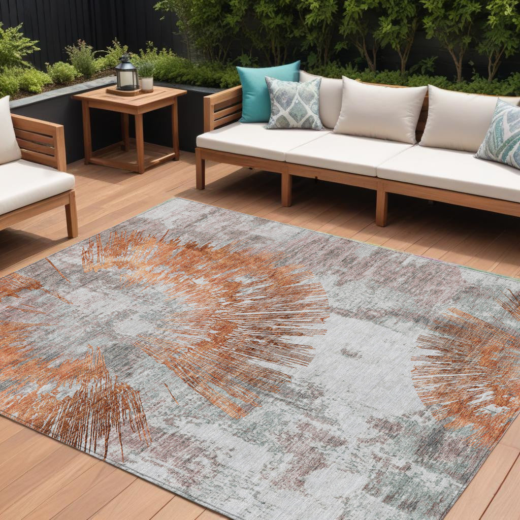 9 X 12 Terra Cotta Copper And Taupe Abstract Washable Indoor Outdoor Area Rug