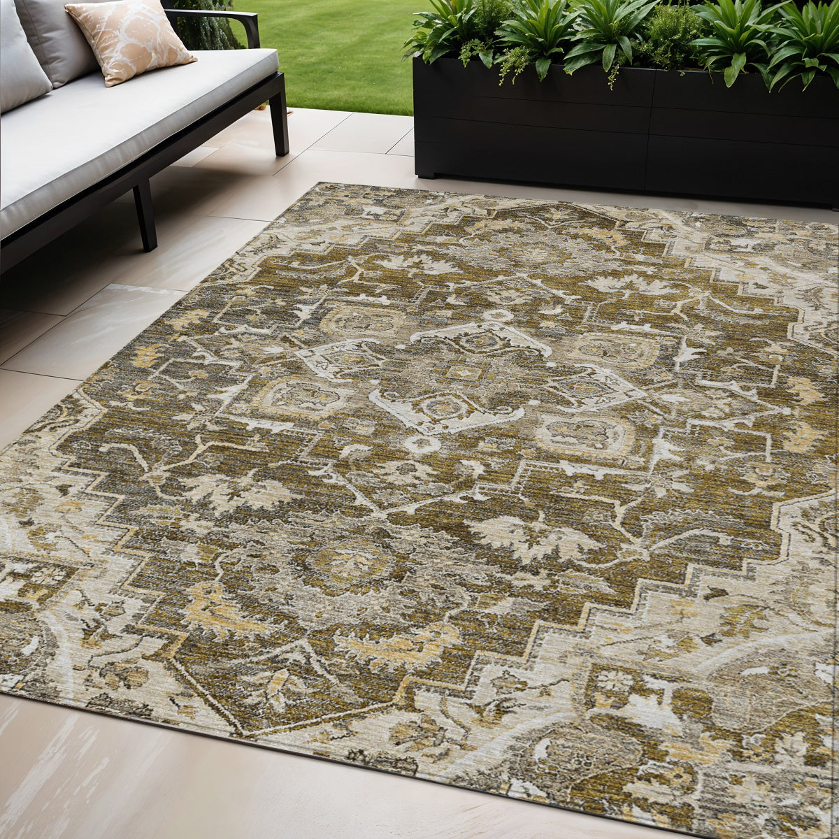 5 X 8 Brown Beige And Taupe Oriental Washable Indoor Outdoor Area Rug
