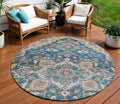 8 Blue Beige And Gold Round Oriental Washable Indoor Outdoor Area Rug
