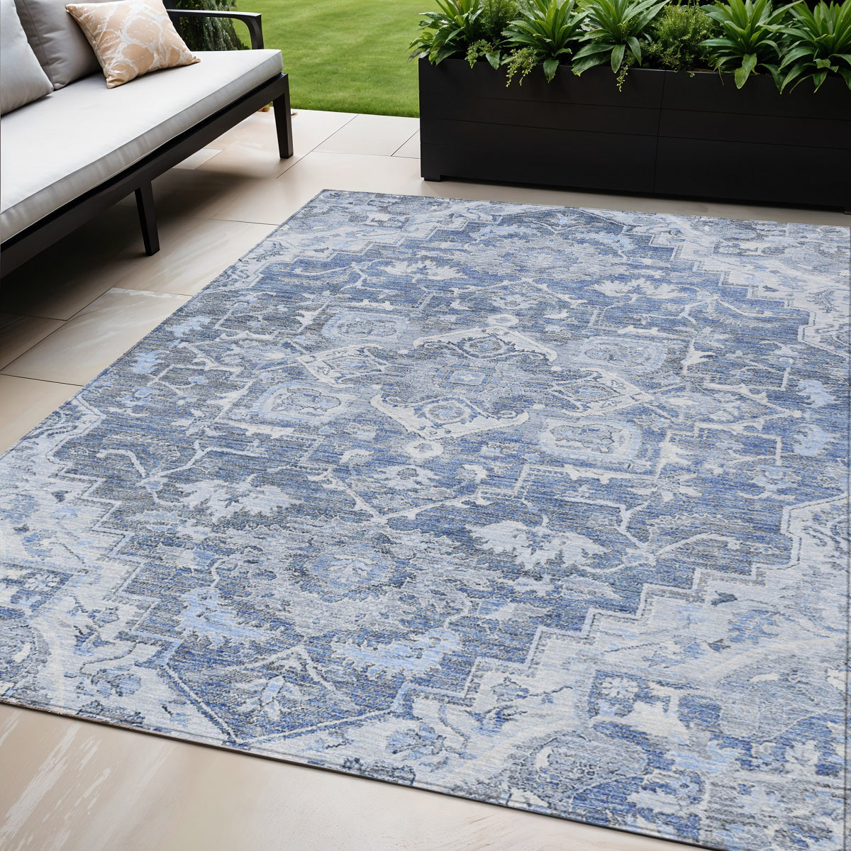 5 X 8 Denim Blue And Sky Blue Oriental Washable Indoor Outdoor Area Rug
