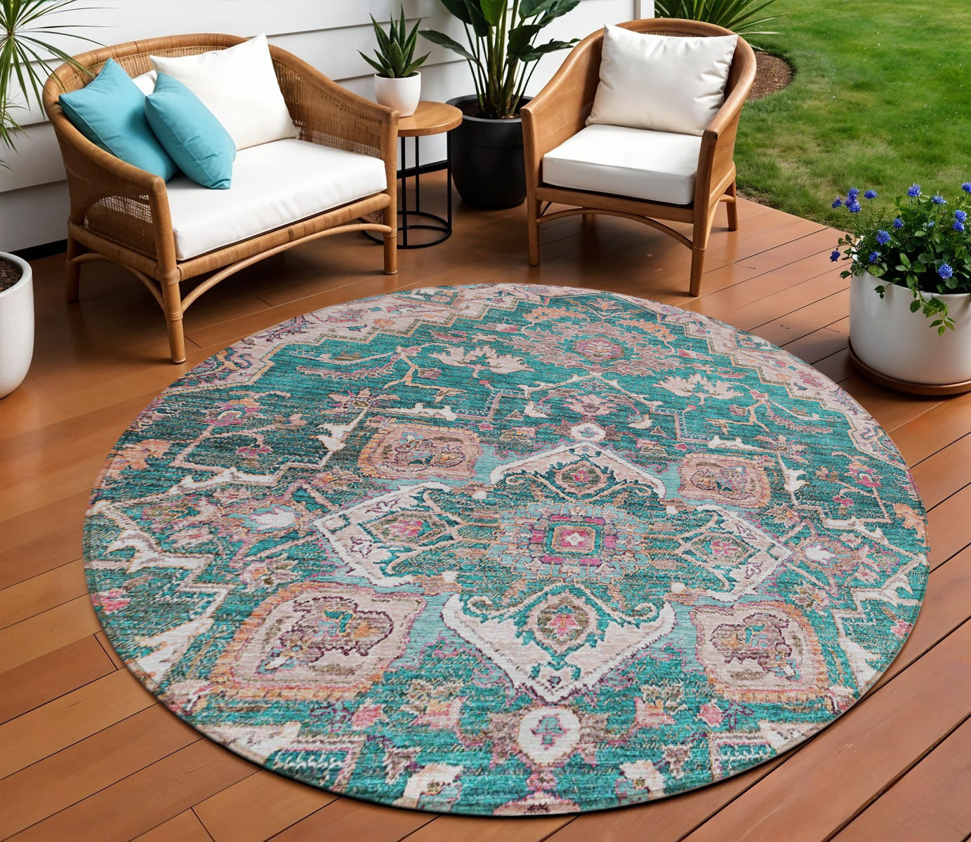 8 Emerald Teal Blue And Beige Round Oriental Washable Indoor Outdoor Area Rug
