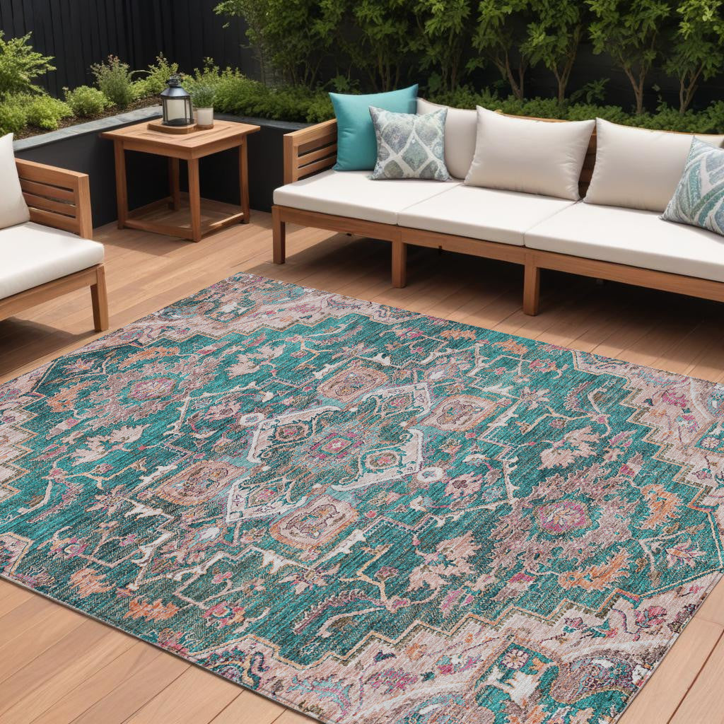 9 X 12 Emerald Teal Blue And Beige Oriental Washable Indoor Outdoor Area Rug