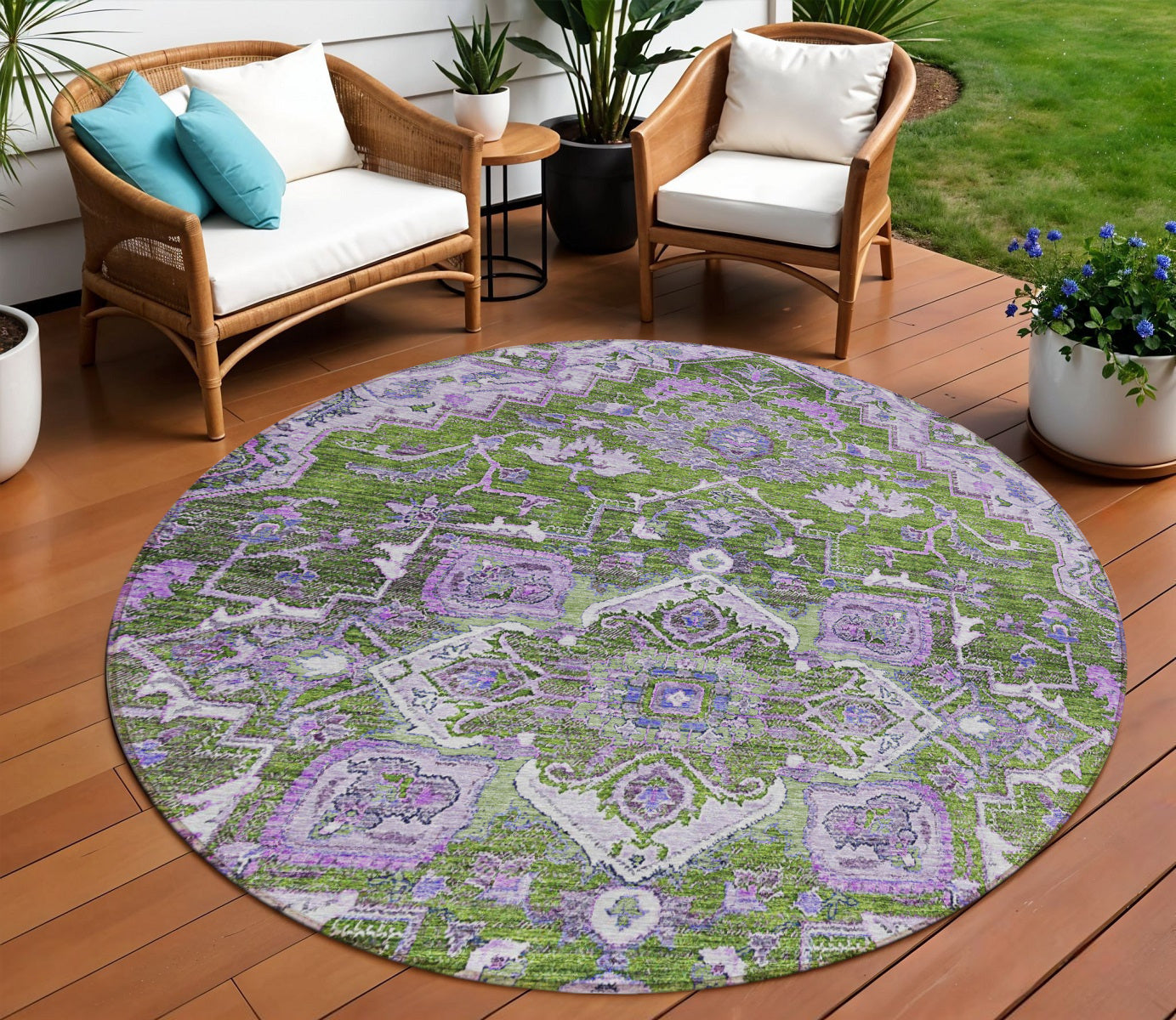 8 Olive Green And Purple Round Oriental Washable Indoor Outdoor Area Rug