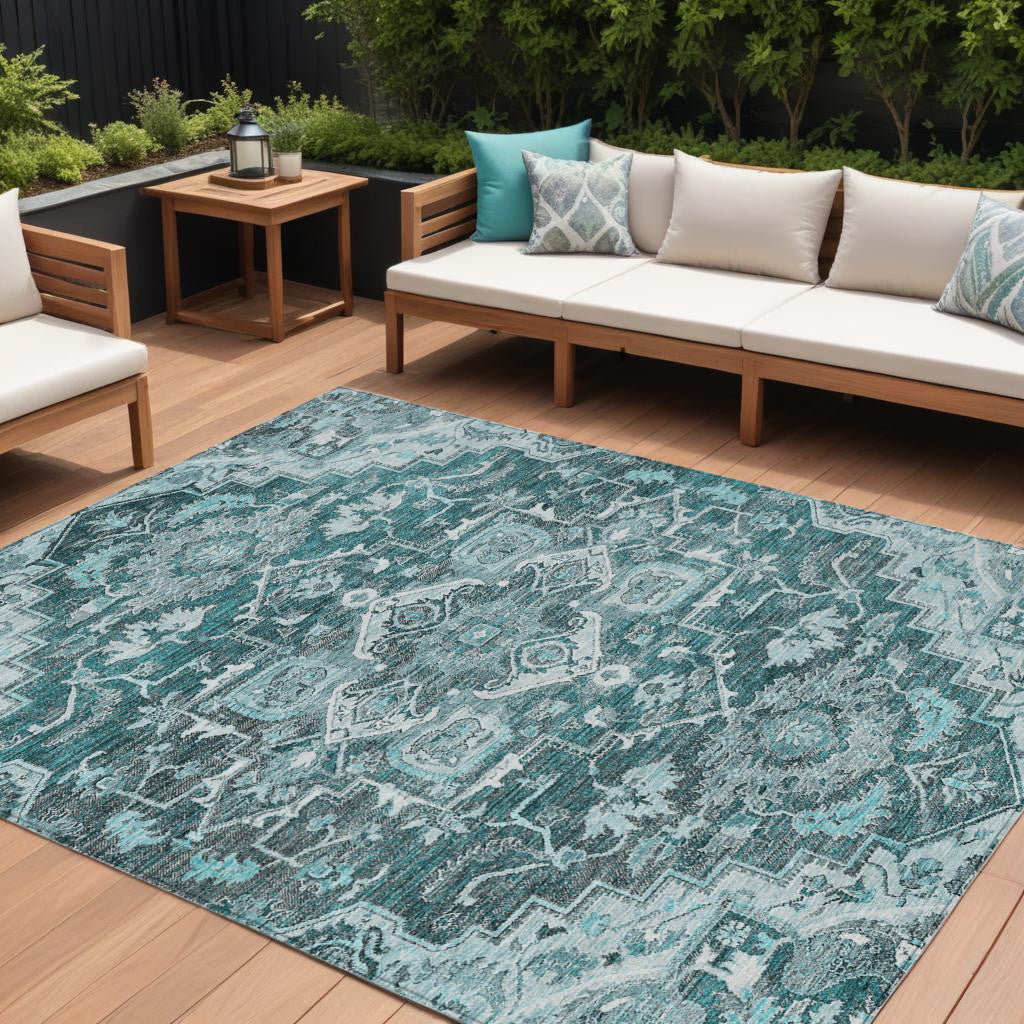 8 X 10 Teal Blue Gray And Charcoal Oriental Washable Indoor Outdoor Area Rug