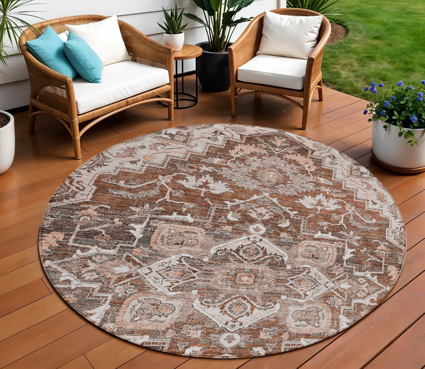 8 Terra Cotta Brown And Copper Round Oriental Washable Indoor Outdoor Area Rug