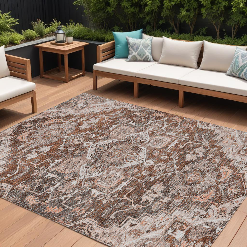 9 X 12 Terra Cotta Brown And Copper Oriental Washable Indoor Outdoor Area Rug
