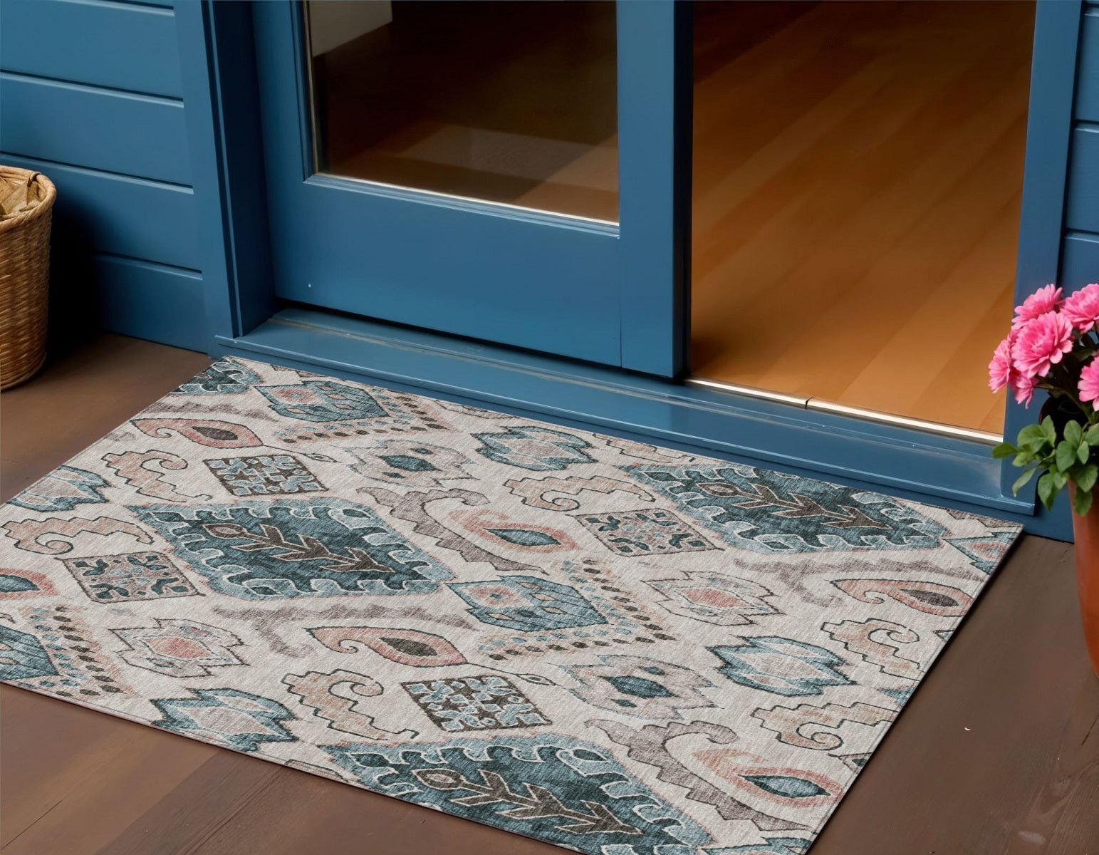 3 X 5 Beige Teal Blue And Copper Moroccan Washable Indoor Outdoor Area Rug