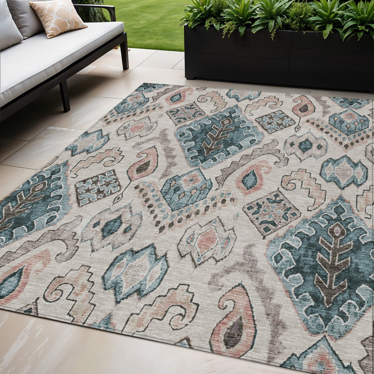 5 X 8 Beige Teal Blue And Copper Moroccan Washable Indoor Outdoor Area Rug