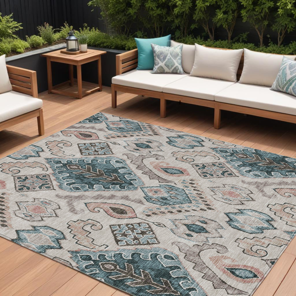 10 X 14 Beige Teal Blue And Copper Moroccan Washable Indoor Outdoor Area Rug