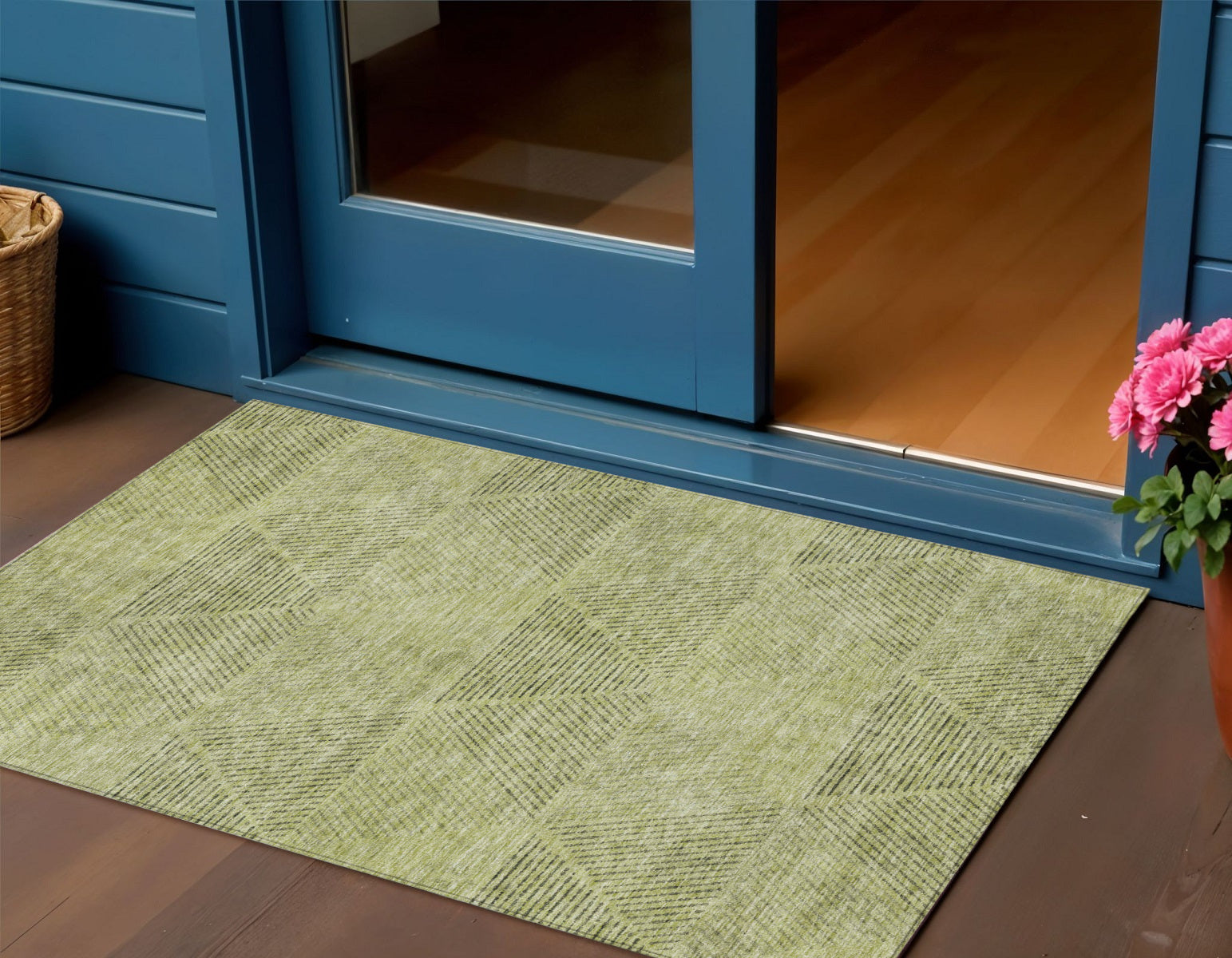 3 X 5 Artichoke Green And Fern Green Geometric Washable Indoor Outdoor Area Rug