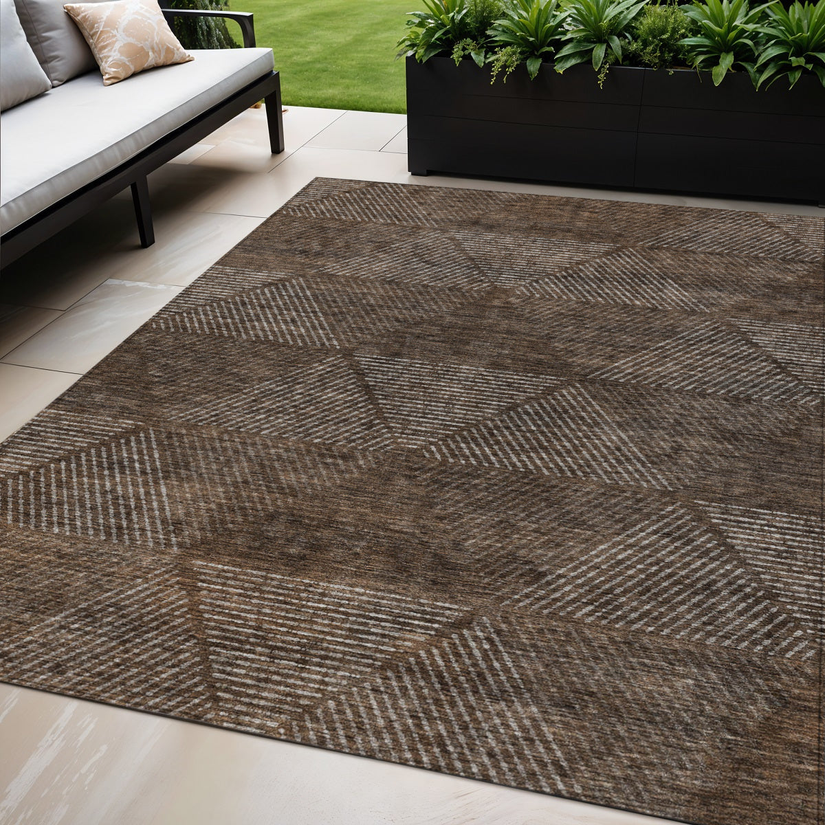 5 X 8 Brown And Taupe Geometric Washable Indoor Outdoor Area Rug