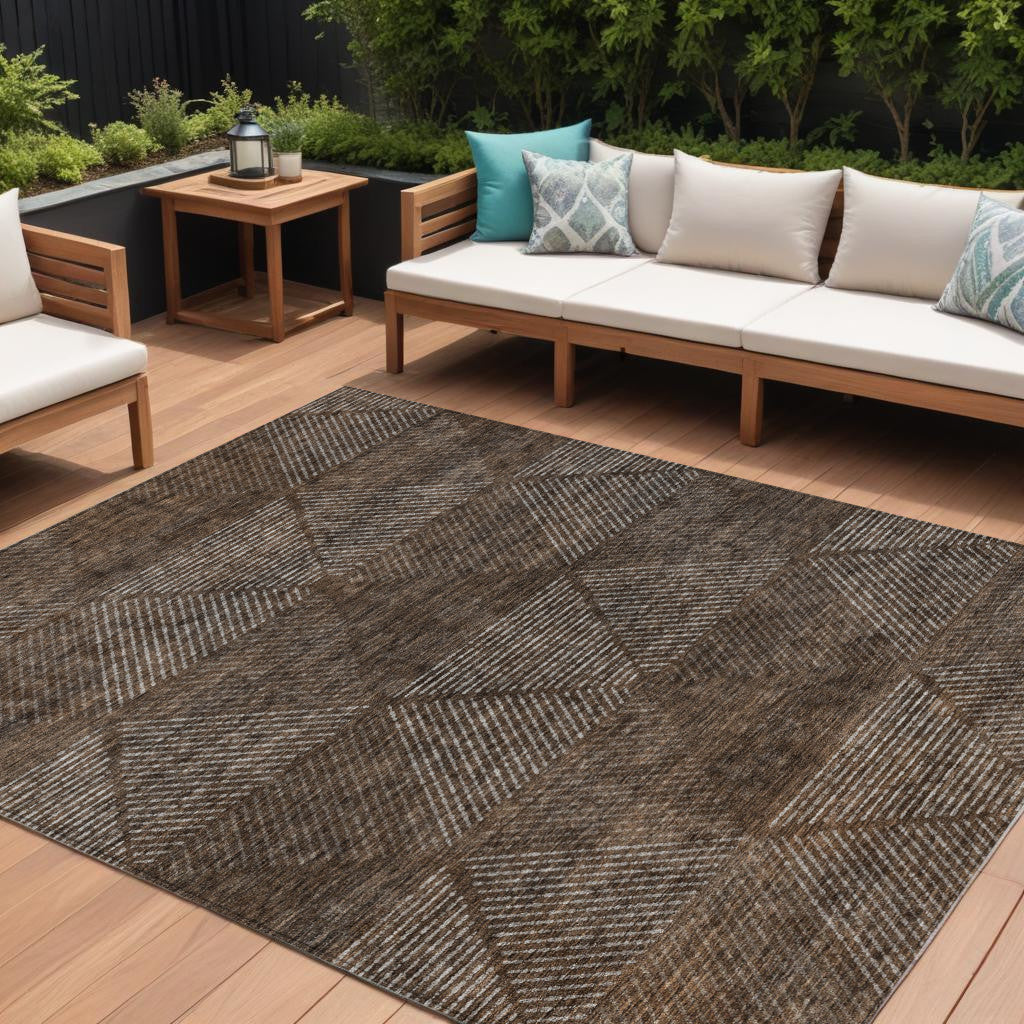 9 X 12 Brown And Taupe Geometric Washable Indoor Outdoor Area Rug